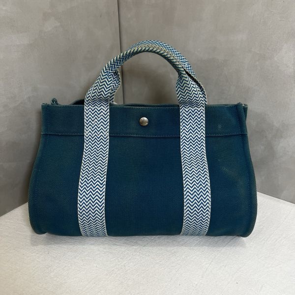 Hermès 中古藍色帆布圓桶手提袋-4