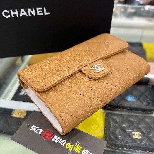 東區正精品㊣CHANEL AP0232 全新焦糖色荔枝牛皮菱格紋金扣小費袋翻蓋三折釦子中夾 RZ4691-7