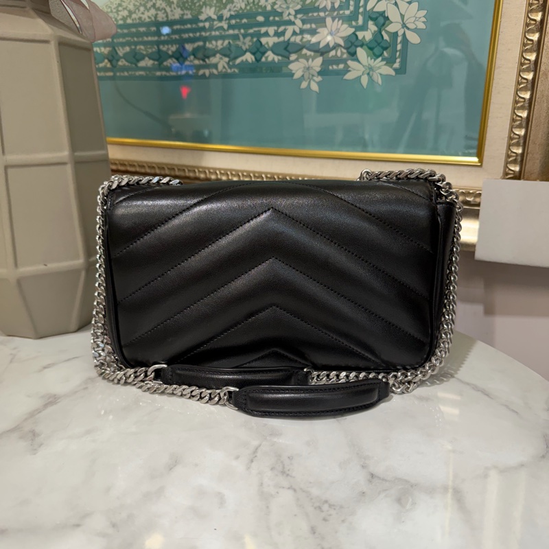 YSL 黑羊皮V型紋LouLou MateLasse絎縫銀釦下蓋肩斜背鏈包-1