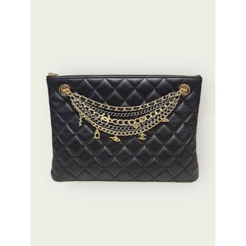 【包稅】CHANEL 黑色羊皮金色鏈條手拿包（中）