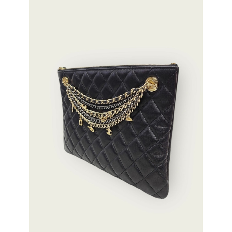 【包稅】CHANEL 黑色羊皮金色鏈條手拿包（中）-1