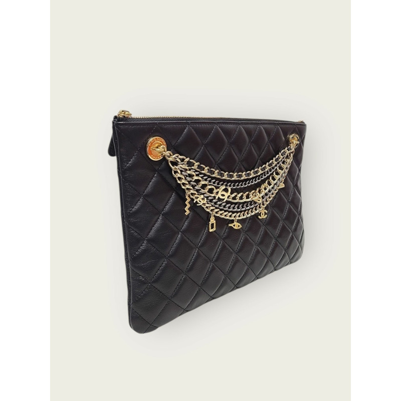 【包稅】CHANEL 黑色羊皮金色鏈條手拿包（中）-2