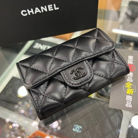 東區正精品㊣CHANEL AP0214 SO BLACK 全新香奈兒黑色羊皮黑釦釦子卡片夾零錢包 RZ4666-2
