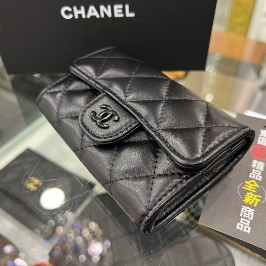 東區正精品㊣CHANEL AP0214 SO BLACK 全新香奈兒黑色羊皮黑釦釦子卡片夾零錢包 RZ4666-5