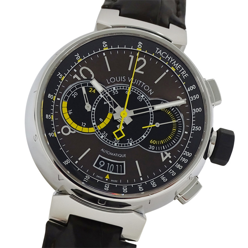 路易威登男士Tambour計時旅行自動腕錶，精鋼錶殼搭配皮錶帶，型號Q102L，拋光錶背-0