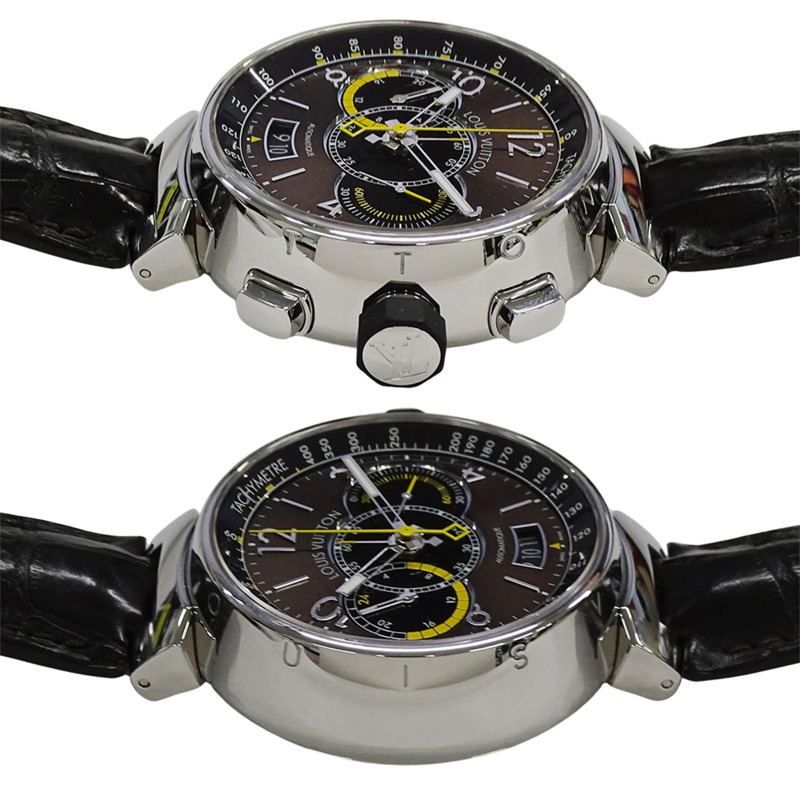 路易威登男士Tambour計時旅行自動腕錶，精鋼錶殼搭配皮錶帶，型號Q102L，拋光錶背-2