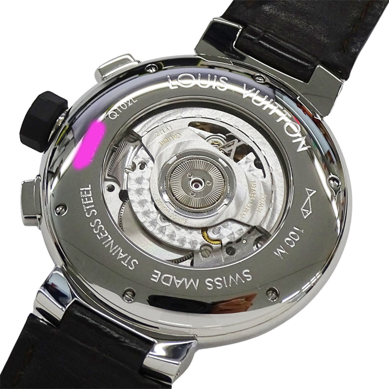 路易威登男士Tambour計時旅行自動腕錶，精鋼錶殼搭配皮錶帶，型號Q102L，拋光錶背-5