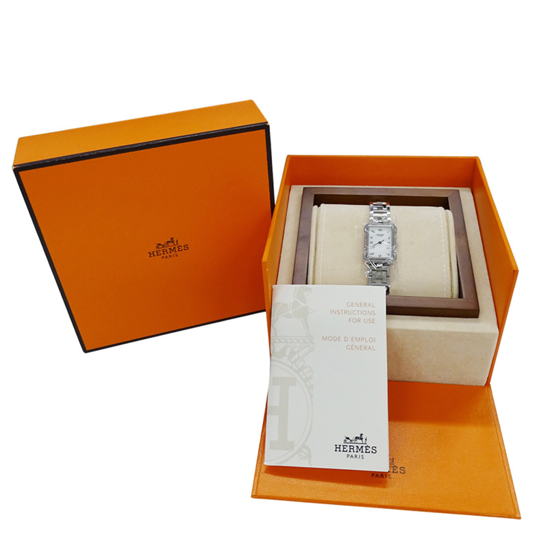 愛馬仕女士腕錶，貝殼石英機芯，不鏽鋼錶殼，CR2.210機芯，銀色，方形，拋光-7