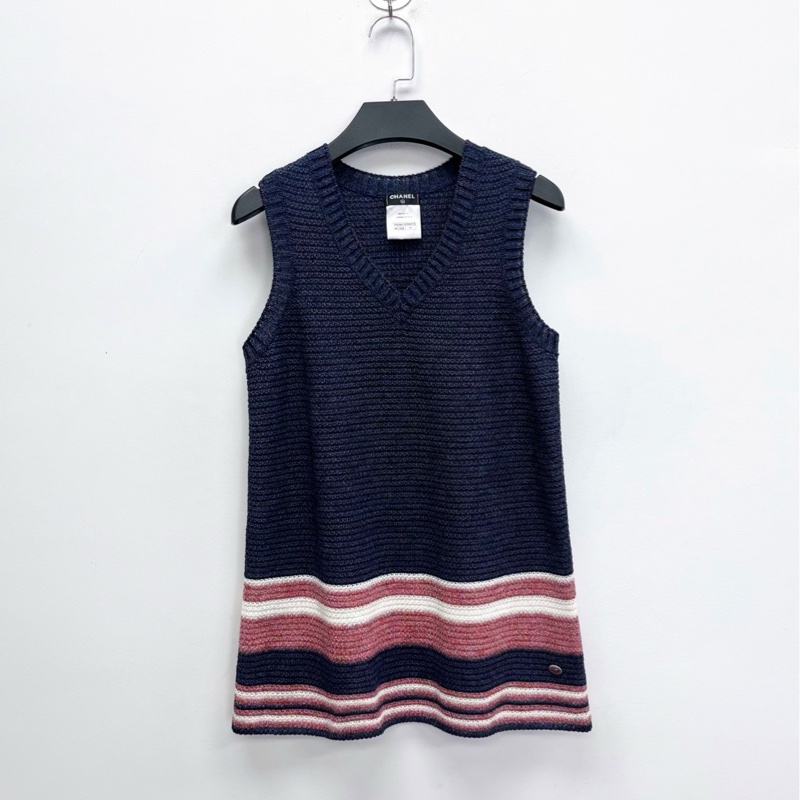 閒置品Chanel香奈兒深藍色 亞麻棉混紡針織背心式連衣裙-5