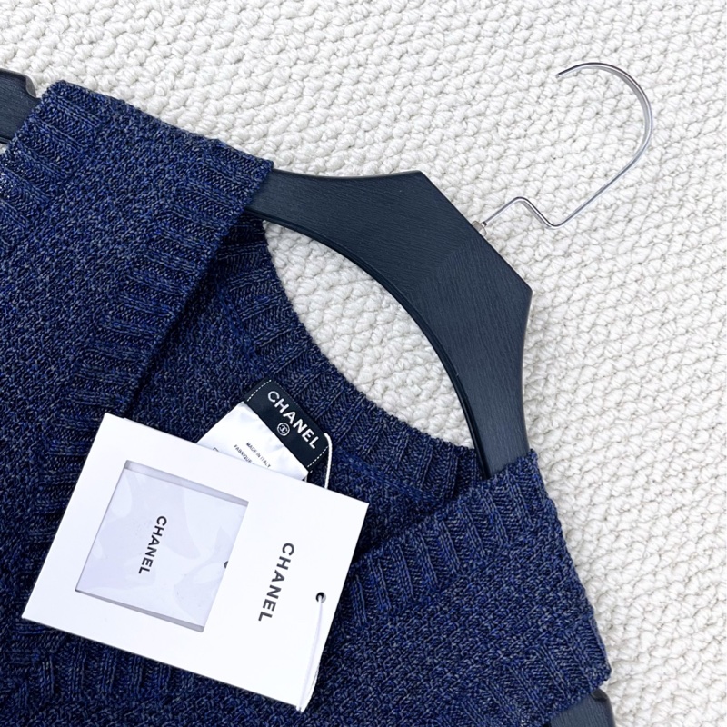 閒置品Chanel香奈兒深藍色 亞麻棉混紡針織背心式連衣裙-7
