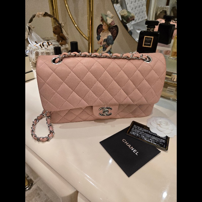 Chanel 經典銀扣淡粉紅雙蓋CF-1