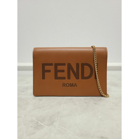 【包稅】FENDI 棕色皮革羅馬鏈條錢包迷你包