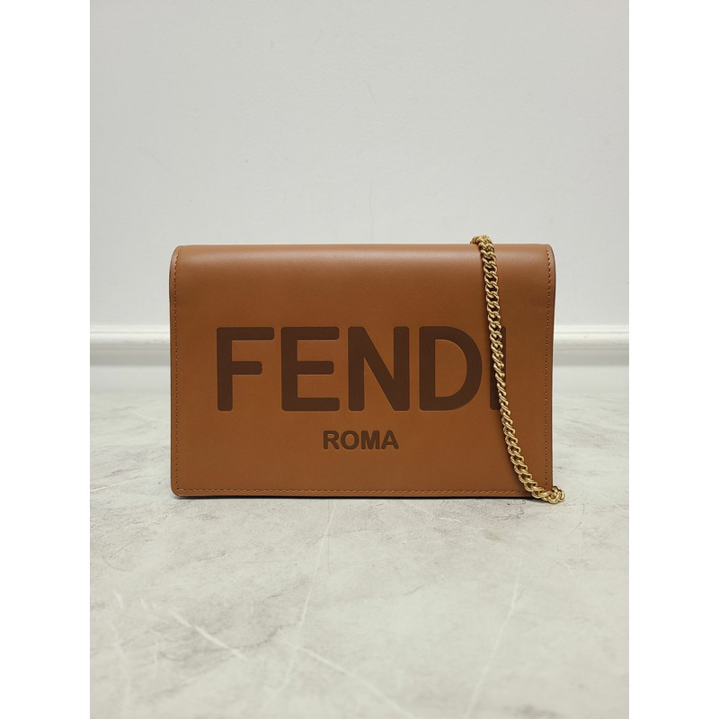 【包稅】FENDI 棕色皮革羅馬鏈條錢包迷你包-0