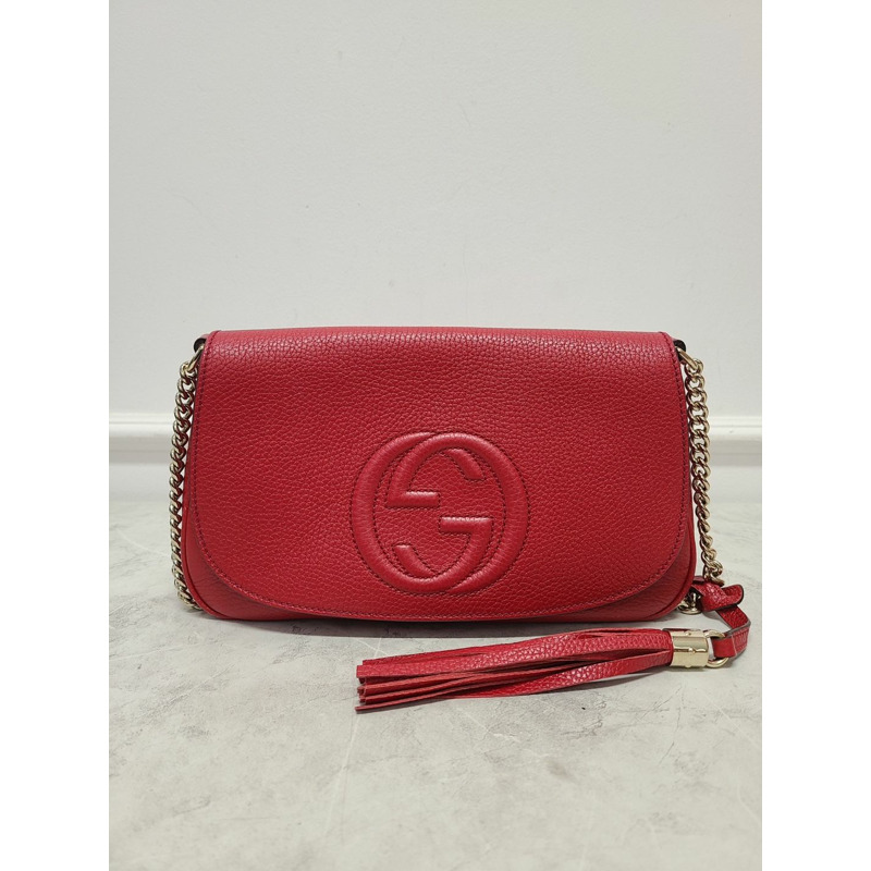 【包稅】GUCCI 紅色 Soho 流蘇皮革鏈條斜背包-0