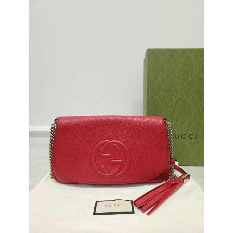 【包稅】GUCCI 紅色 Soho 流蘇皮革鏈條斜背包-7