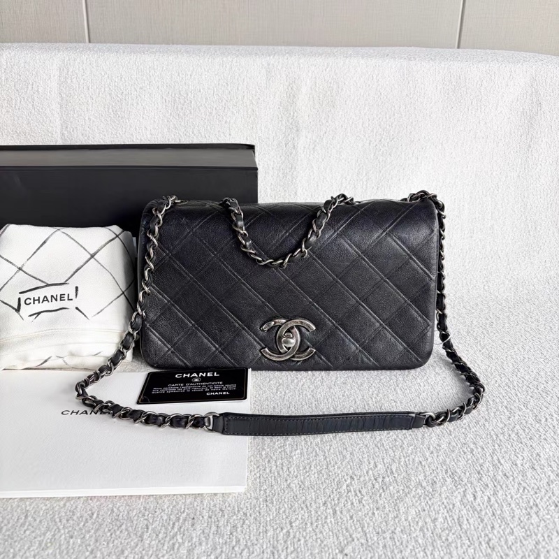 Chanel · 稀有華夫格黑銀牛皮翻蓋鏈條包 全配-2