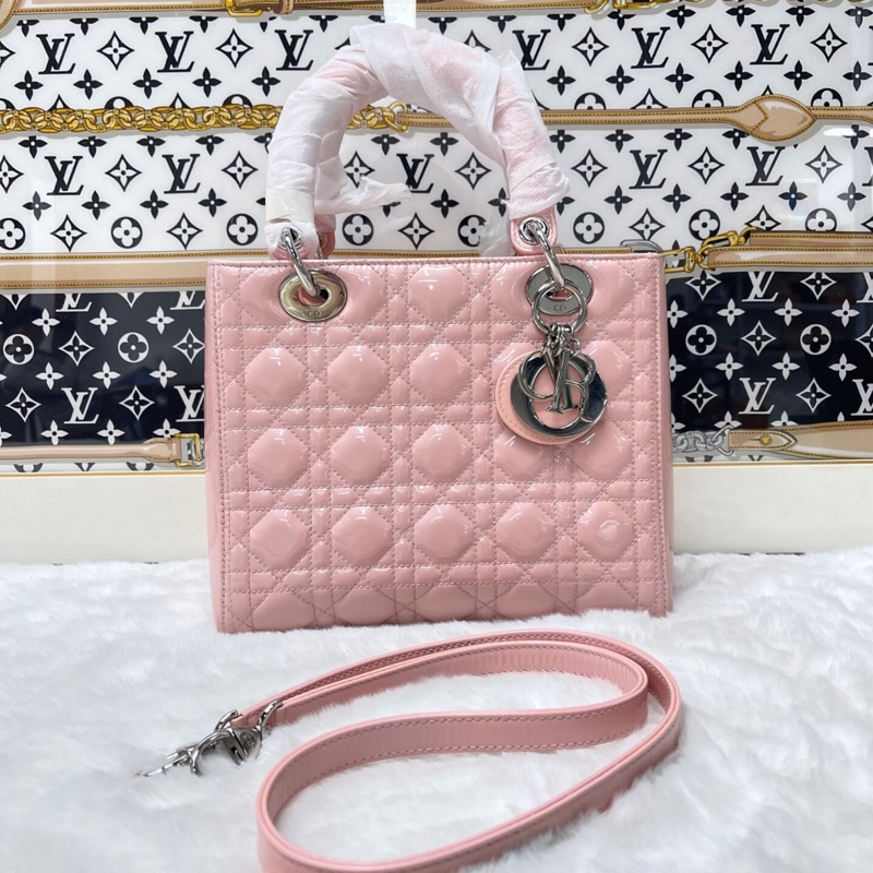 【90%新✨全網最便宜】Dior 迪奥 Lady Dior 戴妃 漆皮五格粉色羊皮-0