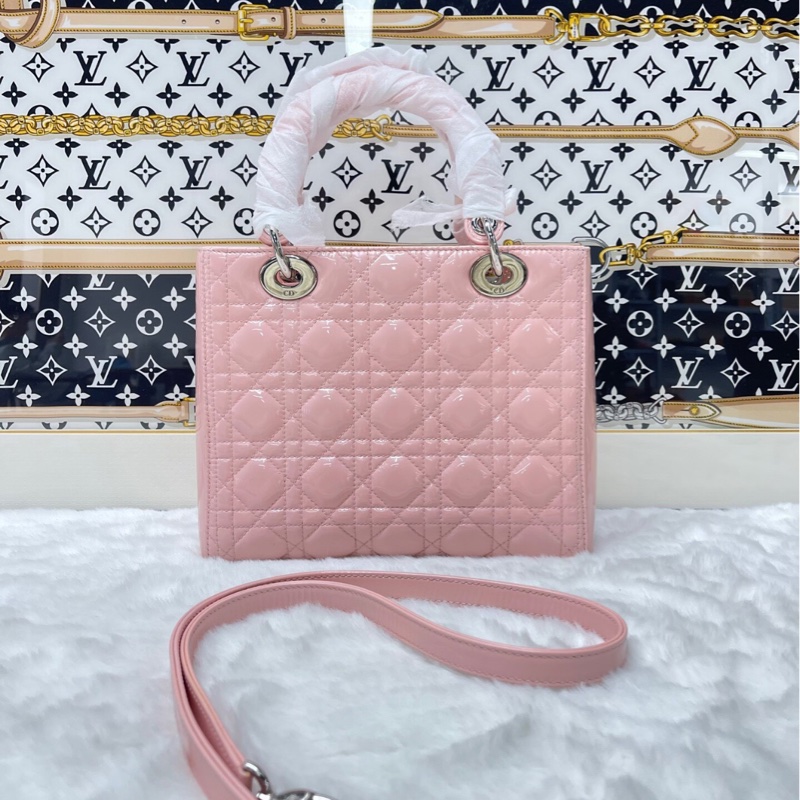 【90%新✨全網最便宜】Dior 迪奥 Lady Dior 戴妃 漆皮五格粉色羊皮-1