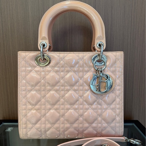 【90%新✨全網最便宜】Dior 迪奥 Lady Dior 戴妃 漆皮五格羊 櫻花粉