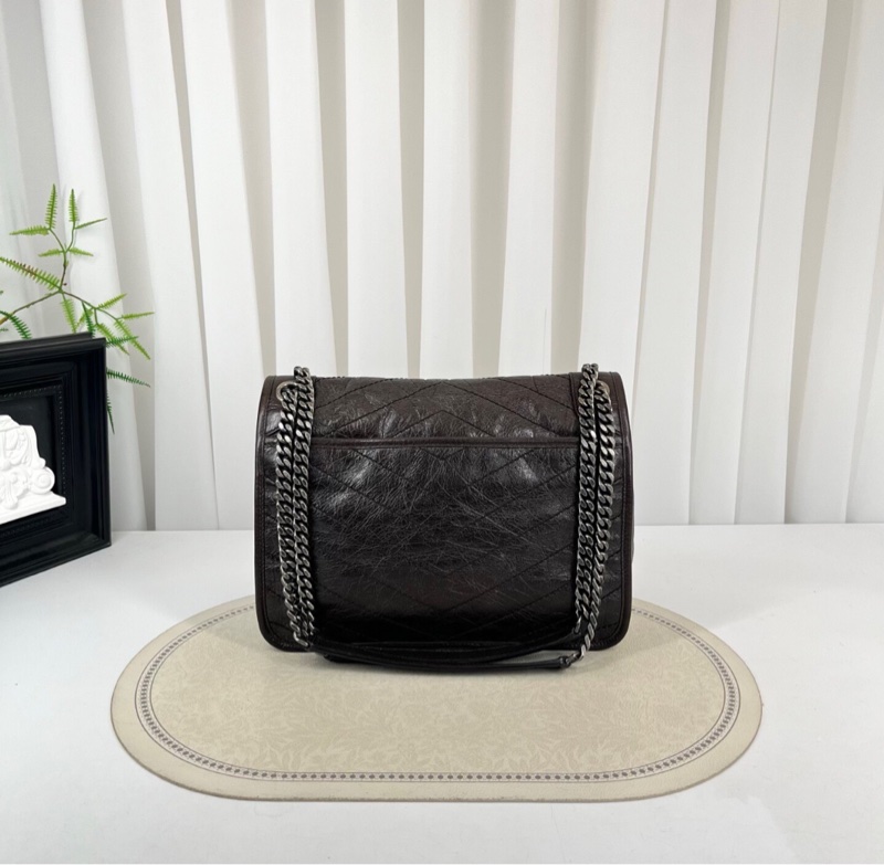 【97%新✨全網最便宜】SAINT LAURENT D扣Niki褐色小牛皮銀鏈 logo復古褶皺 鏈條包-1