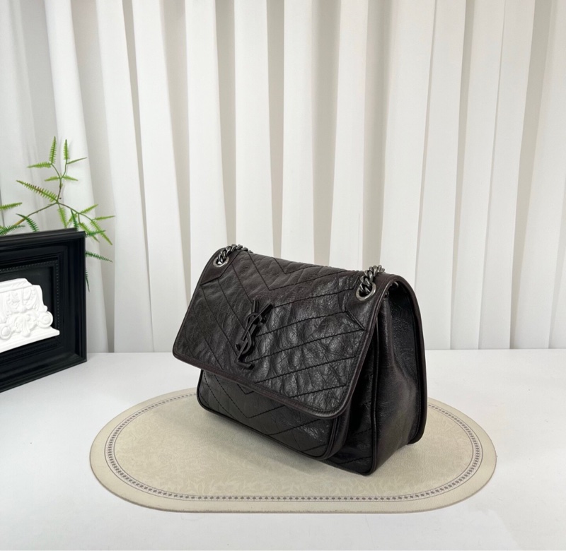 【97%新✨全網最便宜】SAINT LAURENT D扣Niki褐色小牛皮銀鏈 logo復古褶皺 鏈條包-4