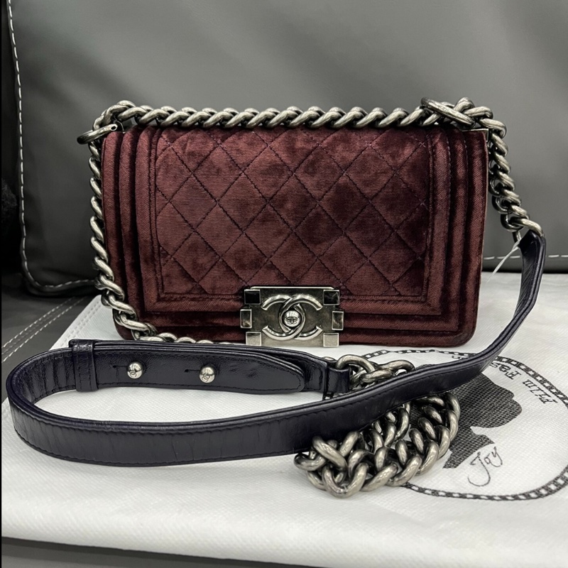 【93%新✨全網獨家】Chanel小號leboy鏈條包 復古風紅紫絲絨天鵝絨｜做舊銀色金屬-0