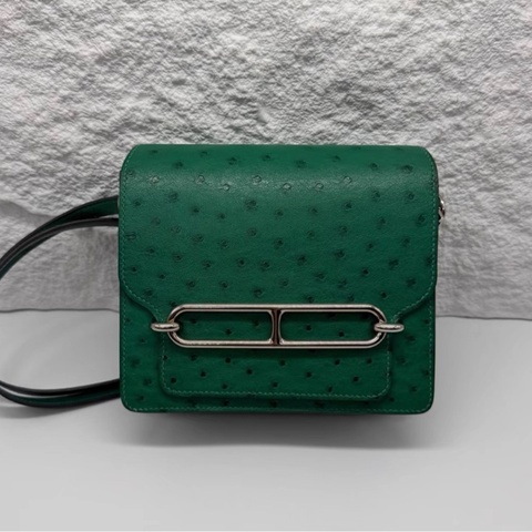 98新 Hermes mini  Roulis 18 U4絲絨綠銀扣 Roulis mini 豬鼻子包 鴕鳥皮 Stamp:C刻 配件：塵袋