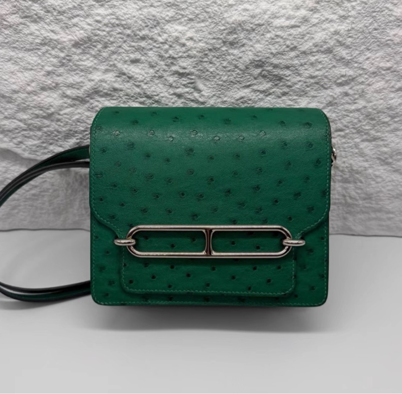 98新 Hermes mini  Roulis 18 U4絲絨綠銀扣 Roulis mini 豬鼻子包 鴕鳥皮 Stamp:C刻 配件：塵袋-0
