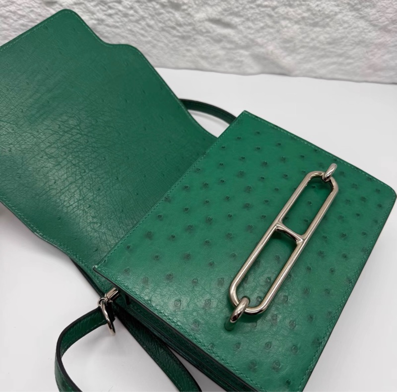 98新 Hermes mini  Roulis 18 U4絲絨綠銀扣 Roulis mini 豬鼻子包 鴕鳥皮 Stamp:C刻 配件：塵袋-2