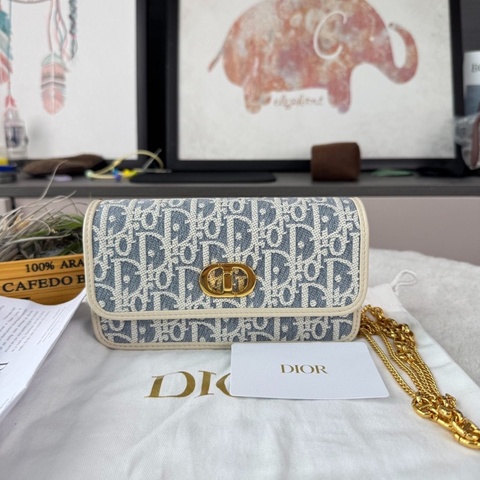 【99%新✨全網最低價】DIOR迪奧Miss Caro 格紋布印花鏈條 單肩包 小號