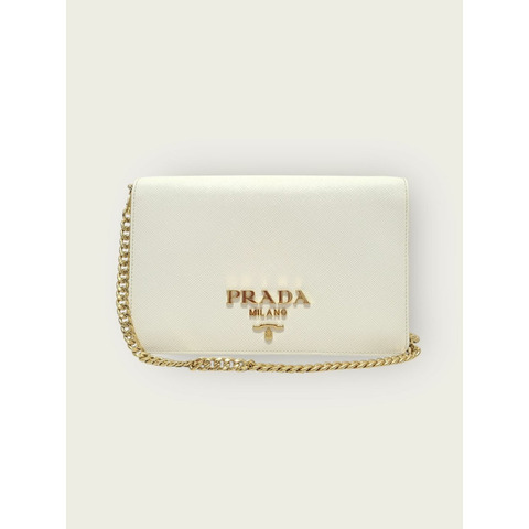 【包稅】PRADA 白色金屬Logo Saffiano迷你肩背包