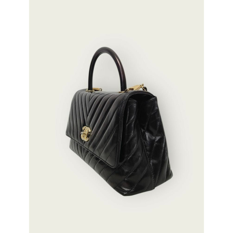 【包稅】CHANEL 黑色復古小牛皮人字紋可可手柄中號 24-1