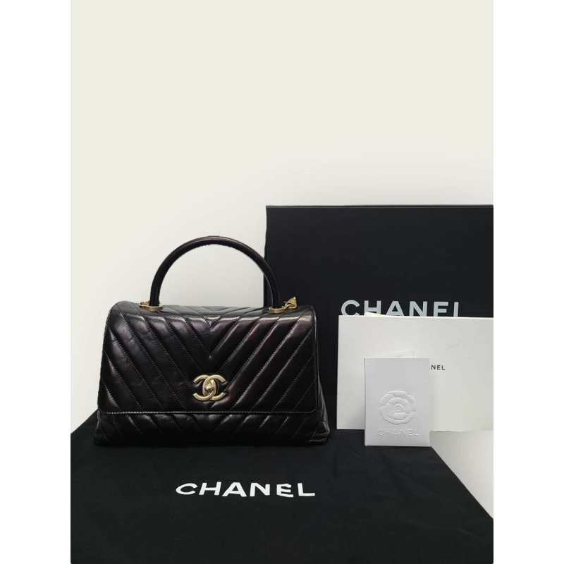 【包稅】CHANEL 黑色復古小牛皮人字紋可可手柄中號 24-6