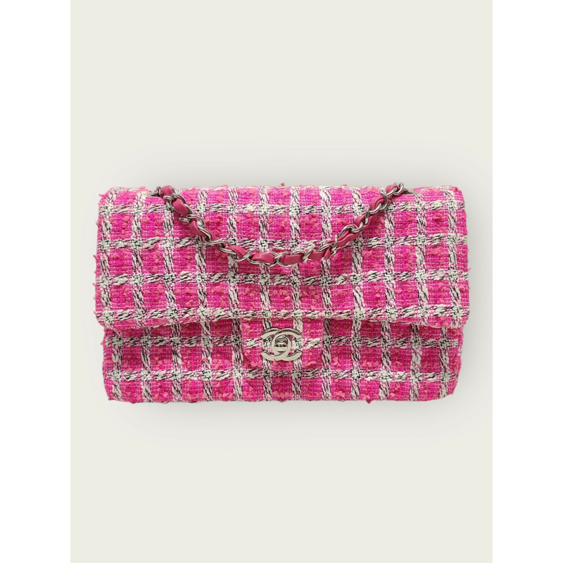 【包稅】CHANEL 粉紅銀色斜紋軟呢經典中型鏈條單肩包 19 系列-0