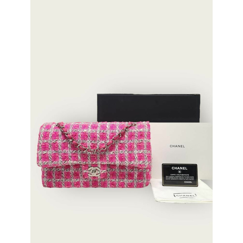 【包稅】CHANEL 粉紅銀色斜紋軟呢經典中型鏈條單肩包 19 系列-6