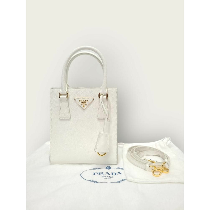 【包稅】PRADA 白色鑲金邊 Saffiano Galleria 迷你手提包-6