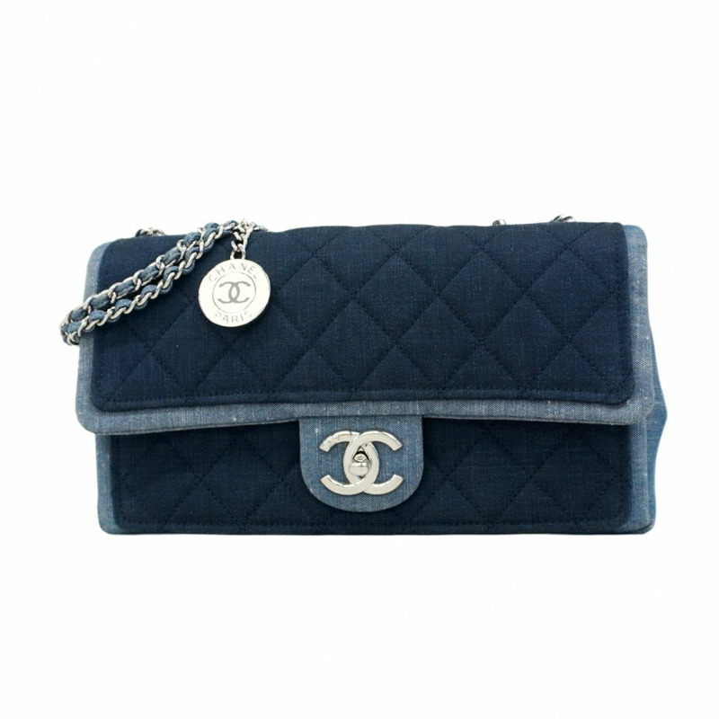 香奈兒女士絎縫鏈條牛仔布海軍藍肩背包-0