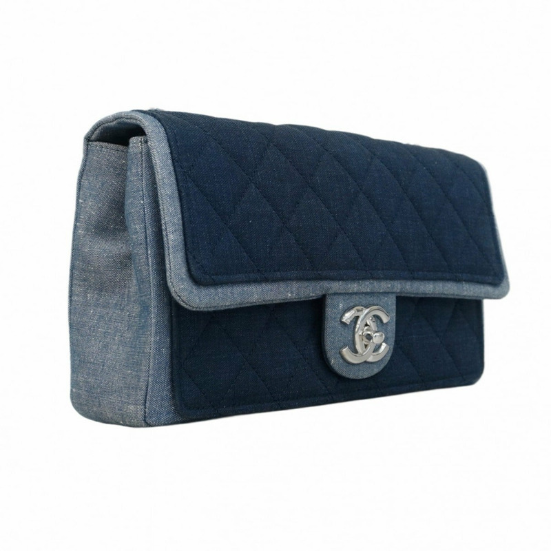 香奈兒女士絎縫鏈條牛仔布海軍藍肩背包-1
