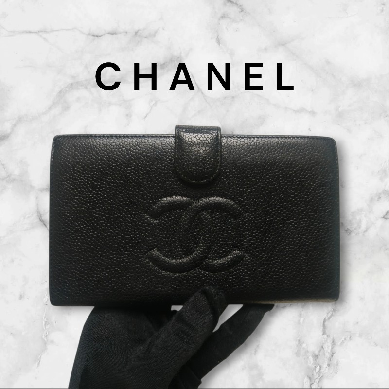 ‼️年前限時特賣‼️（原10800）至1/25⏰㊣✨CHANEL✨香奈兒 小香 雙C 雷標 黑色 魚子醬 皮革 拼色 長夾 皮夾 錢包/二手精品/二手皮夾/保證正品-0