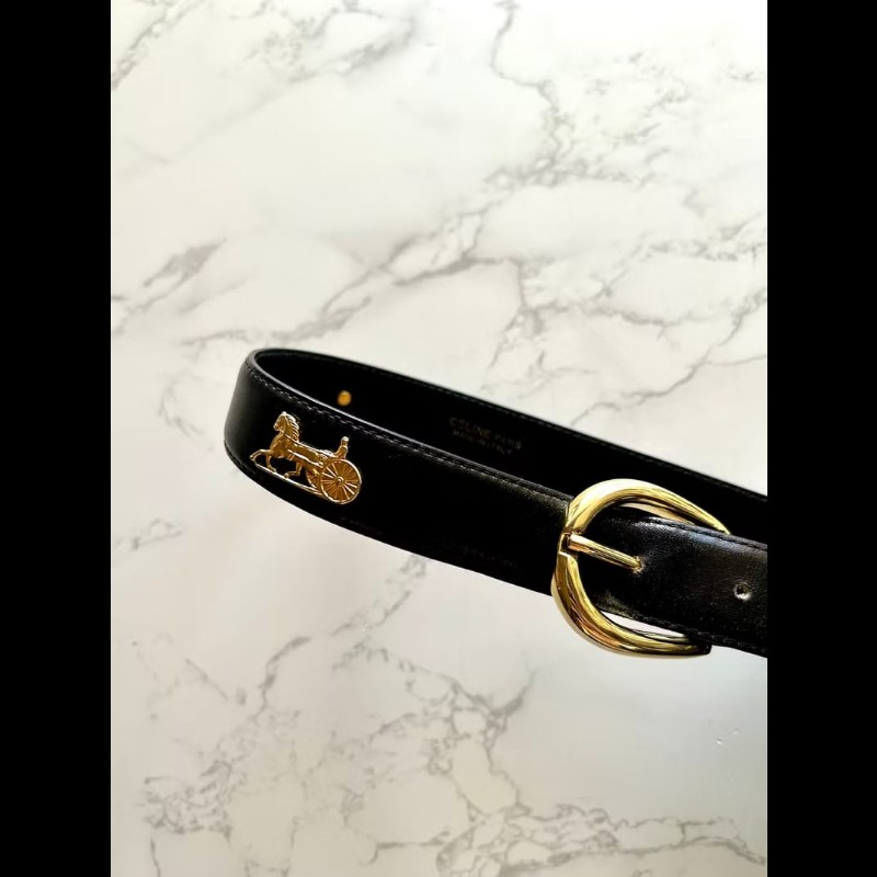 【LA LUNE】絕版古董品 Celine 黑色金馬車皮革腰帶 女裝皮帶 中古二手美品-2