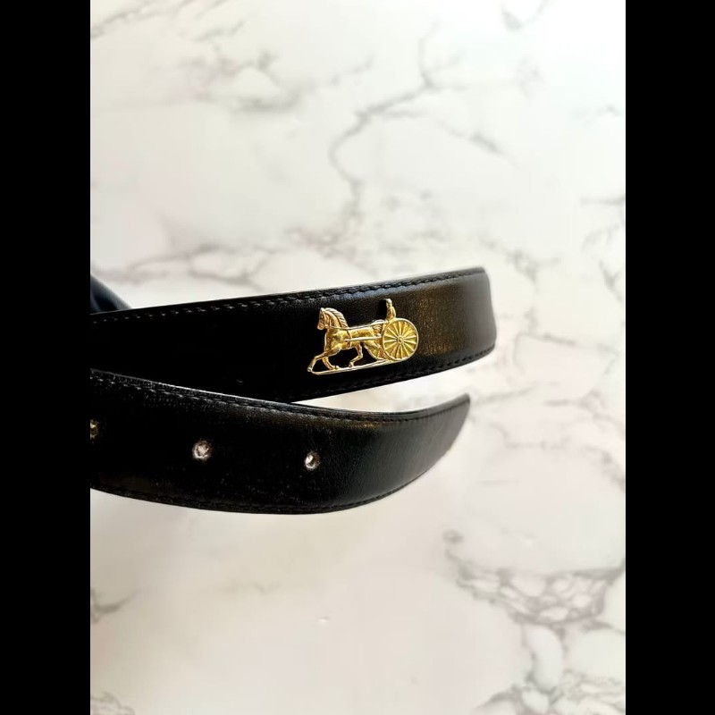 【LA LUNE】絕版古董品 Celine 黑色金馬車皮革腰帶 女裝皮帶 中古二手美品-6