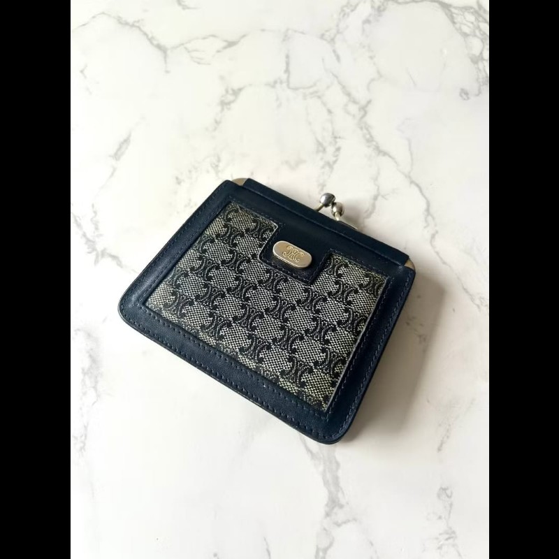 【LA LUNE】古董包 Celine黑藍灰老花口金錢包 零錢包 收納包 中古包 二手包-0