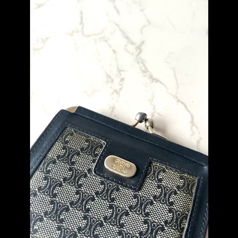 【LA LUNE】古董包 Celine黑藍灰老花口金錢包 零錢包 收納包 中古包 二手包-7