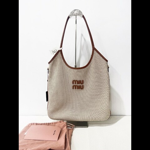 Miu Miu IVY帆布托特包米色肩背包