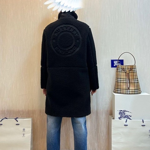 BURBERRY英國黑標黑色徽標絨頭大衣UK4
