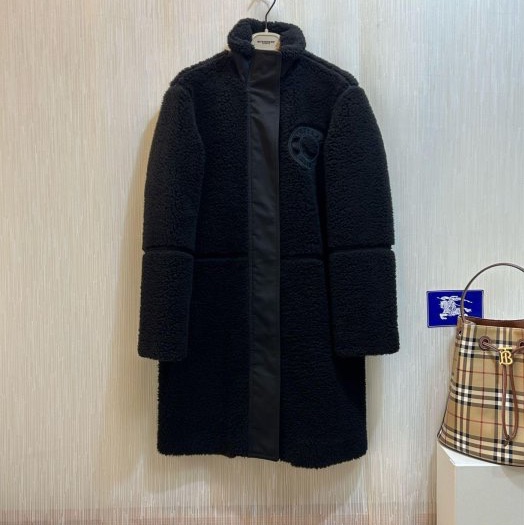 BURBERRY英國黑標黑色徽標絨頭大衣UK4-5