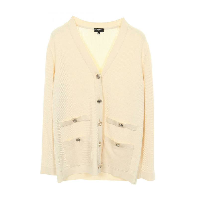 香奈兒 COCO 標誌紐扣開襟衫，黏膠米色，#36，二手女款-0