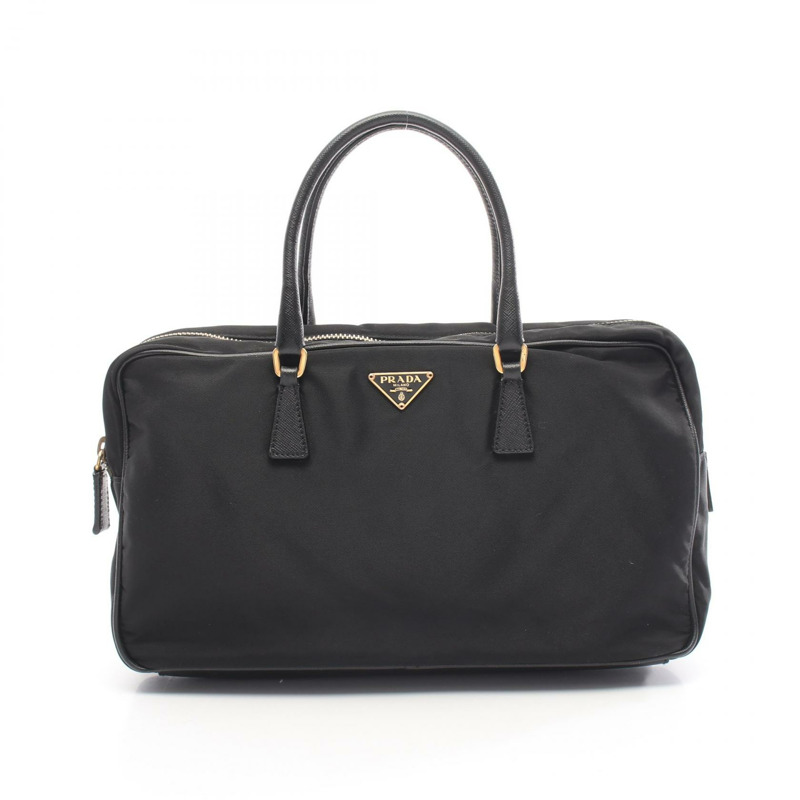 PRADA 三角標誌手提包，尼龍 Saffiano 皮革，黑色，二手女款-0