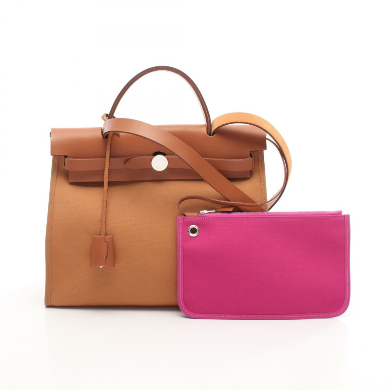 愛馬仕 Herbag Zip PM 單肩手提包，Z 帆布皮革，棕色粉紅色，SHW 二手-0