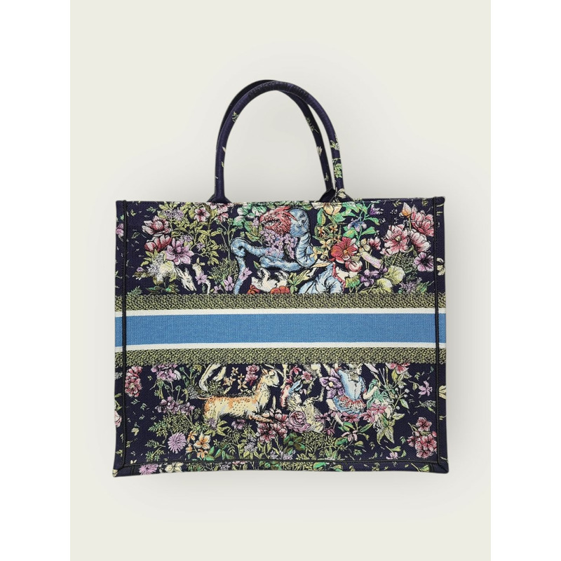 【包稅】DIOR 海軍藍多色花卉刺繡Logo書包手提袋（大號）-4